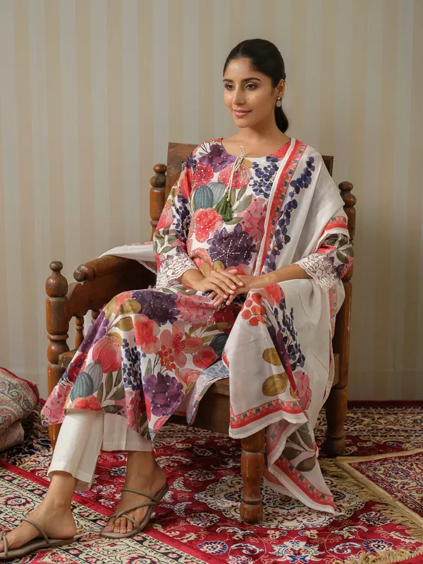 White_Printed_Floral_Straight_Kurta_and_Trousers_With_Dupatta