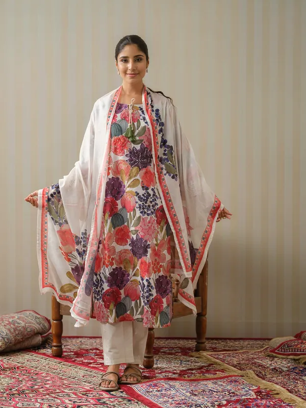 White_Printed_Floral_Straight_Kurta_and_Trousers_With_Dupatta