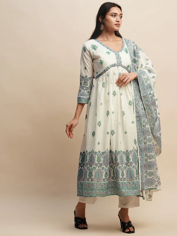 White_&_Blue_Floral_Printed_A-Line_Kurta_and_Trousers_With_Dupatta