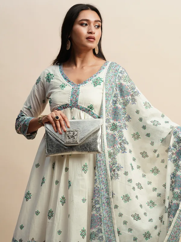 White_&_Blue_Floral_Printed_A-Line_Kurta_and_Trousers_With_Dupatta