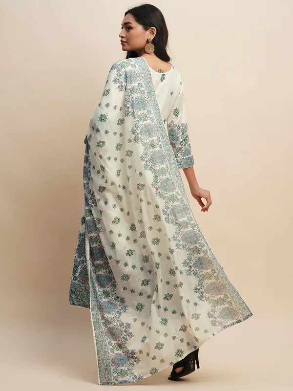 White_&_Blue_Floral_Printed_A-Line_Kurta_and_Trousers_With_Dupatta