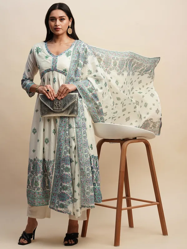 White_&_Blue_Floral_Printed_A-Line_Kurta_and_Trousers_With_Dupatta