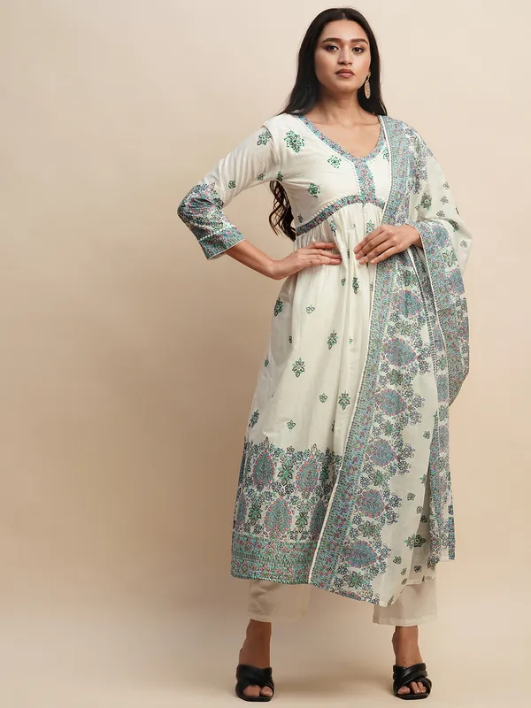 White_&_Blue_Floral_Printed_A-Line_Kurta_and_Trousers_With_Dupatta