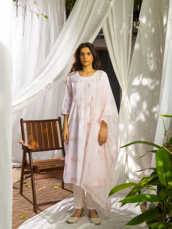 White_&_Pink_Floral_Printed_Straight_Kurta_With_Trousers_and_Dupatta