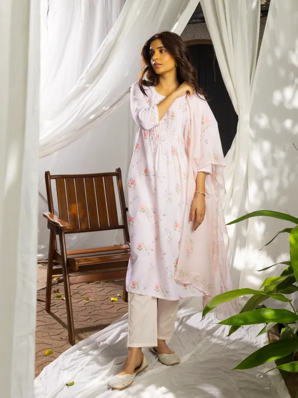 White_&_Pink_Floral_Printed_Straight_Kurta_With_Trousers_and_Dupatta