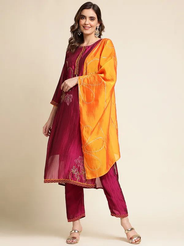 Purple_Woven_Design_Embroidered_Straight_Kurta_and_Trousers_With_Dupatta
