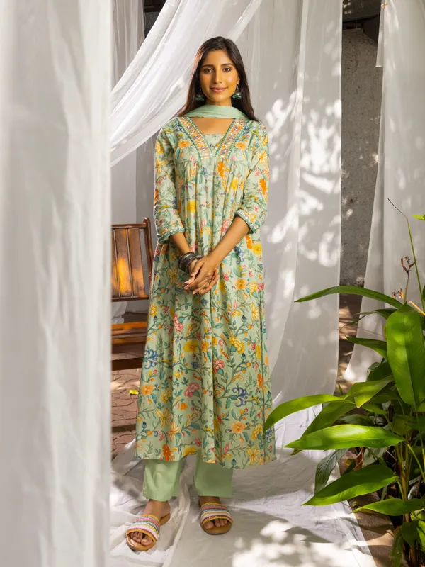 Green_&_Mustard_Floral_Printed_A-Line_Kurta_and_Trousers_With_Dupatta