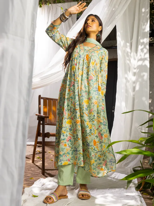 Green_&_Mustard_Floral_Printed_A-Line_Kurta_and_Trousers_With_Dupatta