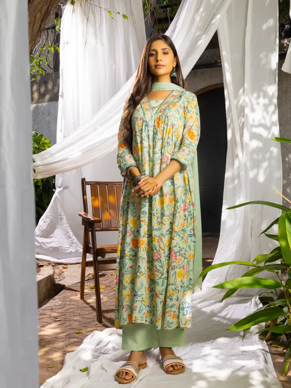 Green_&_Mustard_Floral_Printed_A-Line_Kurta_and_Trousers_With_Dupatta
