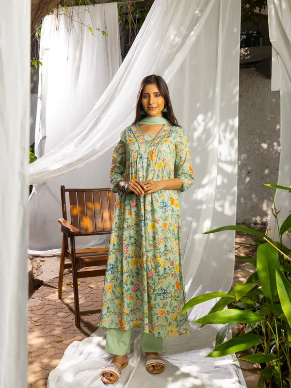 Green_&_Mustard_Floral_Printed_A-Line_Kurta_and_Trousers_With_Dupatta