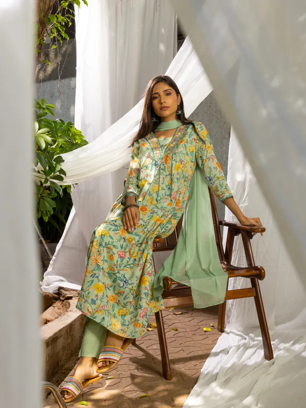 Green_&_Mustard_Floral_Printed_A-Line_Kurta_and_Trousers_With_Dupatta
