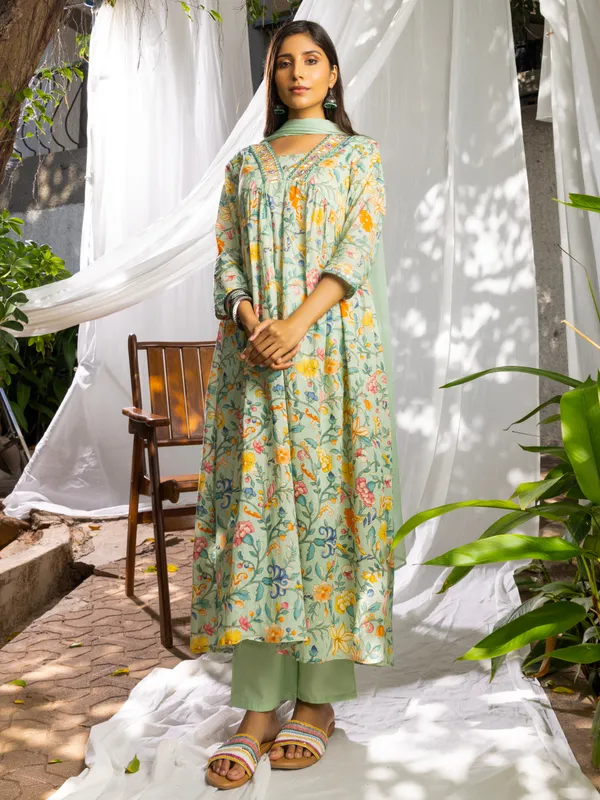 Green_&_Mustard_Floral_Printed_A-Line_Kurta_and_Trousers_With_Dupatta