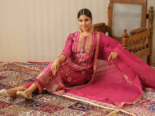Magenta_Embroidered_Woven_Design_Straight_Kurta_and_Trousers_With_Dupatta
