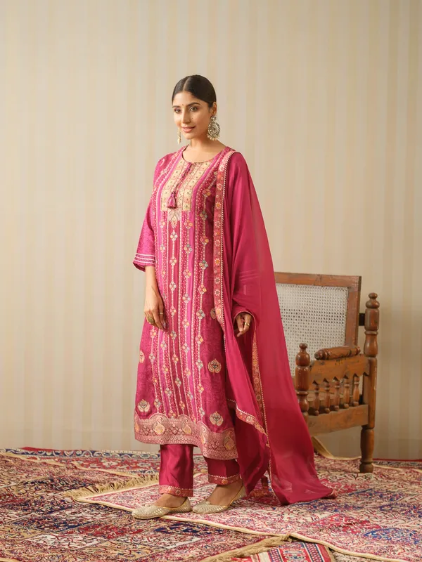 Magenta_Embroidered_Woven_Design_Straight_Kurta_and_Trousers_With_Dupatta