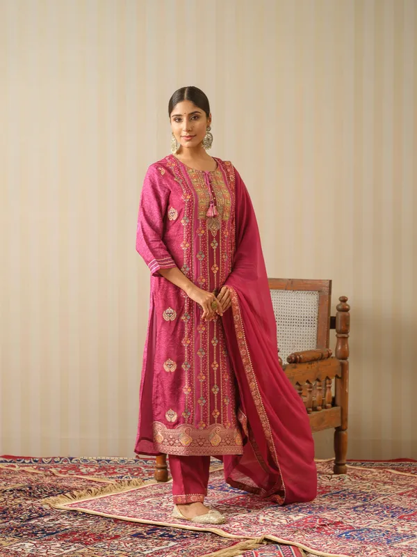 Magenta_Embroidered_Woven_Design_Straight_Kurta_and_Trousers_With_Dupatta