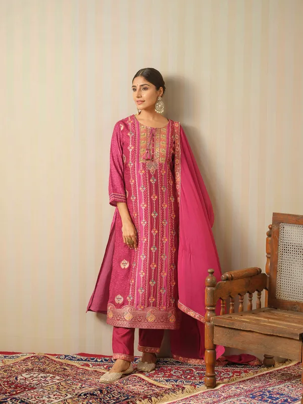 Magenta_Embroidered_Woven_Design_Straight_Kurta_and_Trousers_With_Dupatta