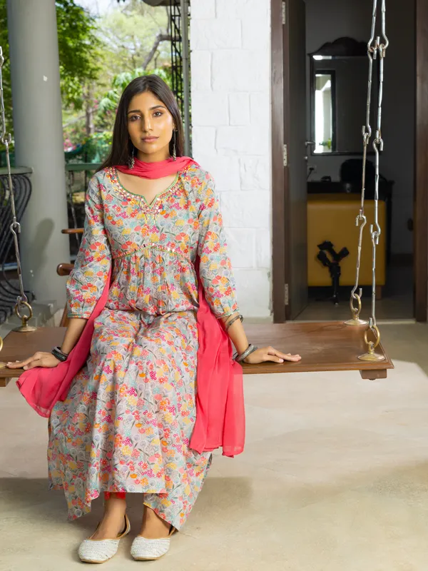 Grey_Floral_Printed_A-Line_Kurta_and_Trousers_With_Dupatta