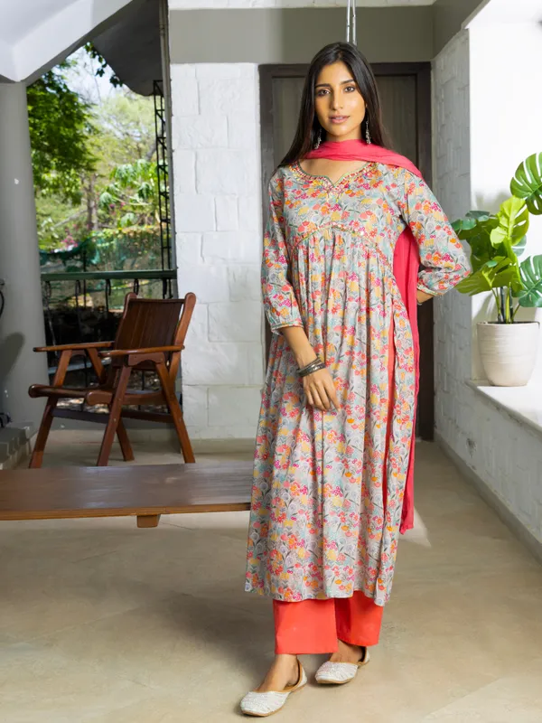 Grey_Floral_Printed_A-Line_Kurta_and_Trousers_With_Dupatta