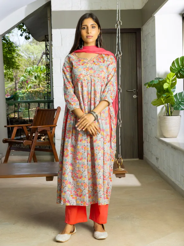 Grey_Floral_Printed_A-Line_Kurta_and_Trousers_With_Dupatta