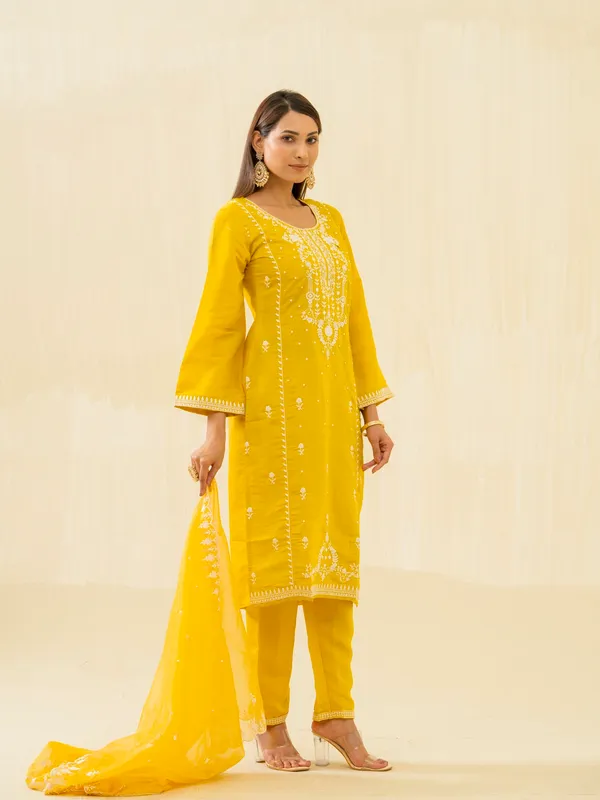 Yellow_Embroidered_Calf_Length_Festive_Kurti_and_Trousers_With_Dupatta
