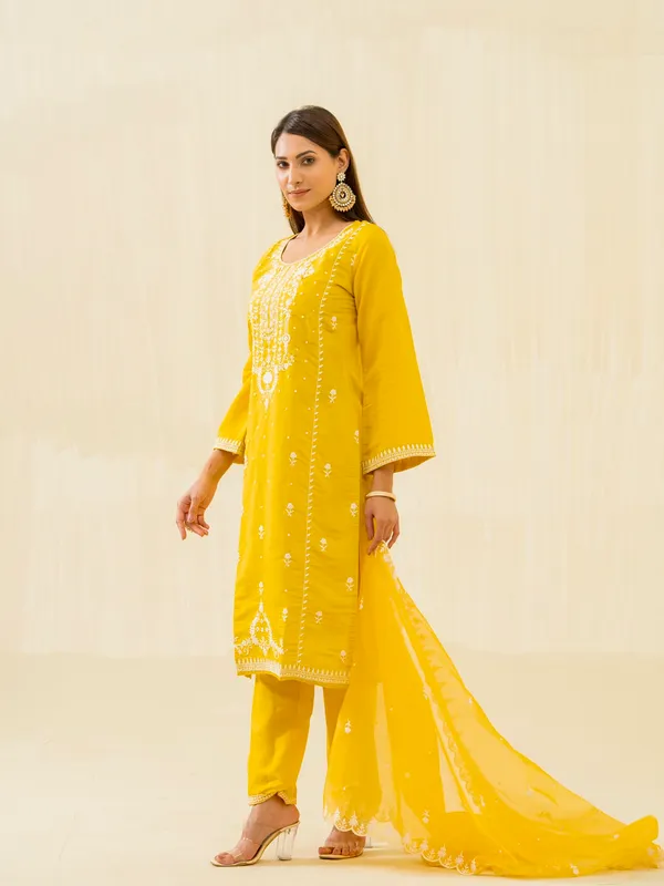 Yellow_Embroidered_Calf_Length_Festive_Kurti_and_Trousers_With_Dupatta