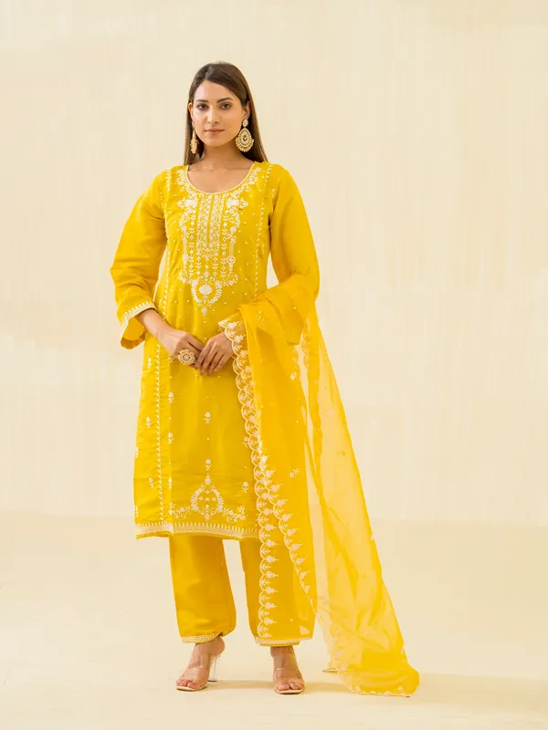 Yellow_Embroidered_Calf_Length_Festive_Kurti_and_Trousers_With_Dupatta
