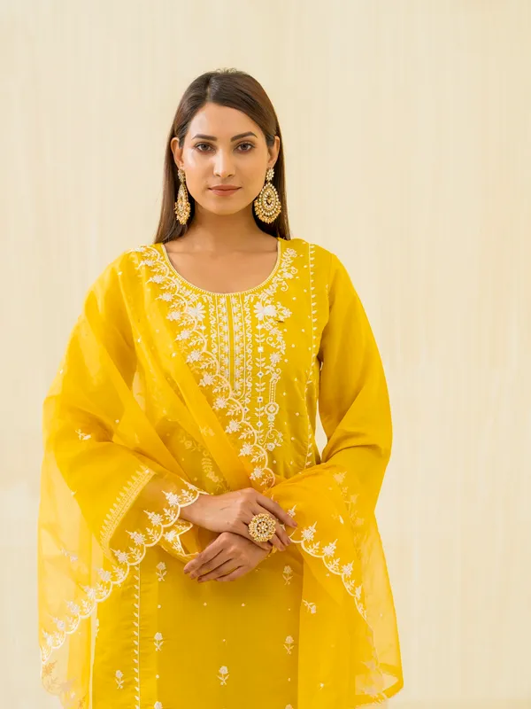 Yellow_Embroidered_Calf_Length_Festive_Kurti_and_Trousers_With_Dupatta