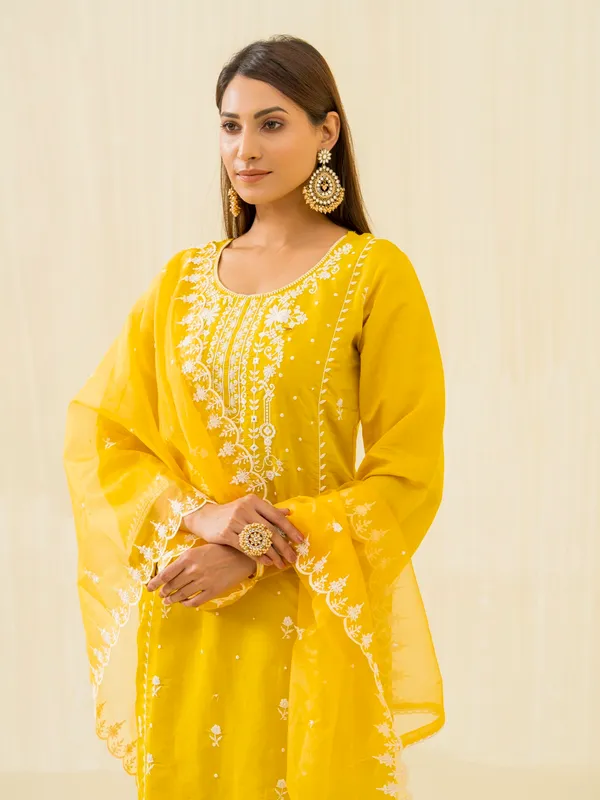 Yellow_Embroidered_Calf_Length_Festive_Kurti_and_Trousers_With_Dupatta