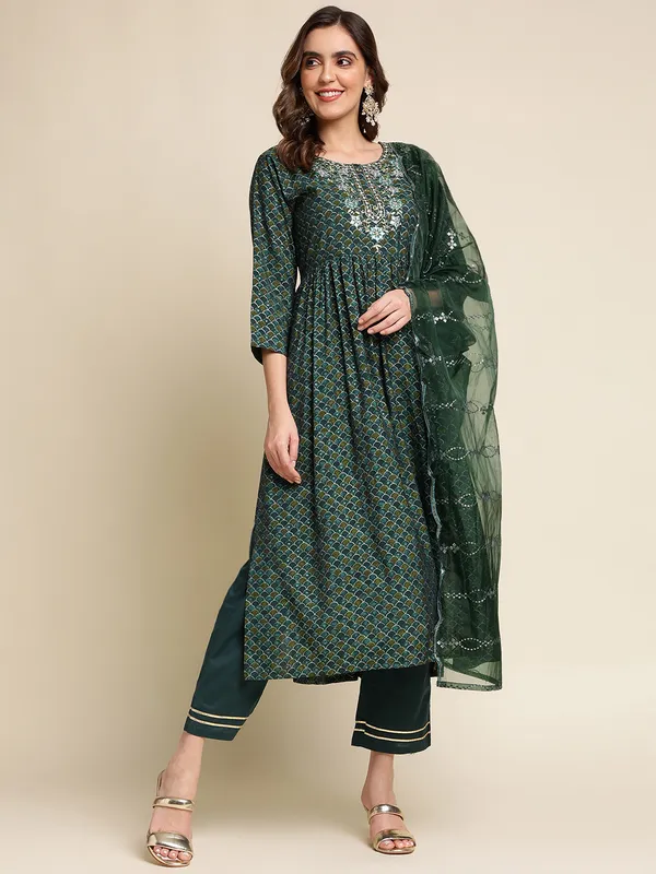 Green_Yoke_Design_A-Line_Kurta_and_Trousers_With_Dupatta