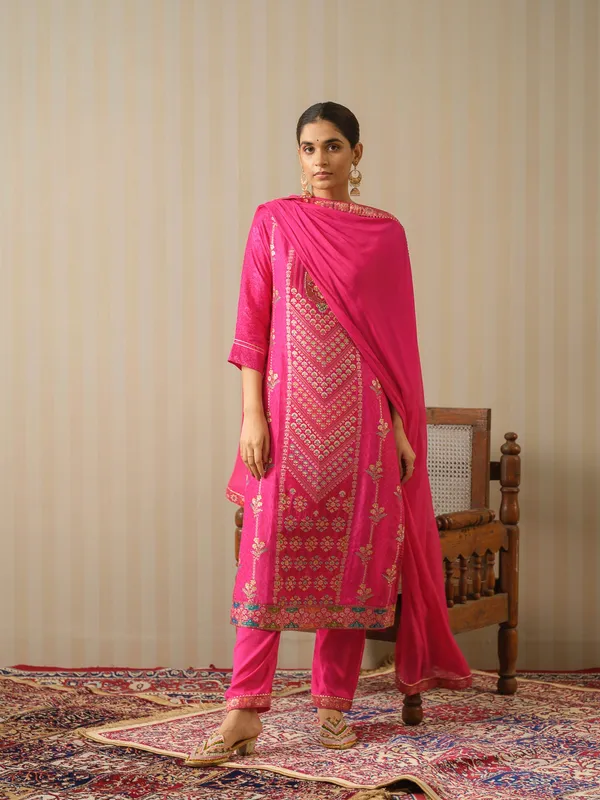 Pink_Embroidered_Woven_Design_Straight_Kurta_and_Trousers_With_Dupatta