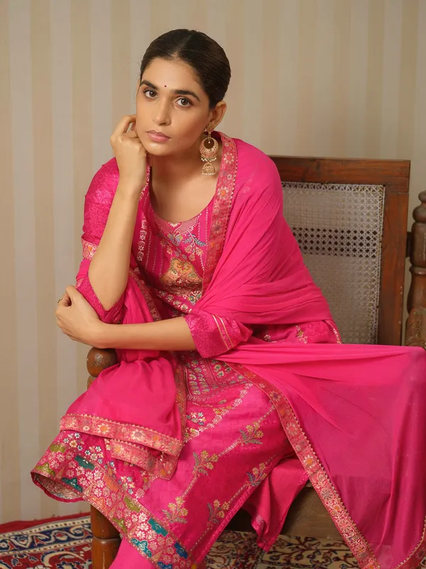 Pink_Embroidered_Woven_Design_Straight_Kurta_and_Trousers_With_Dupatta