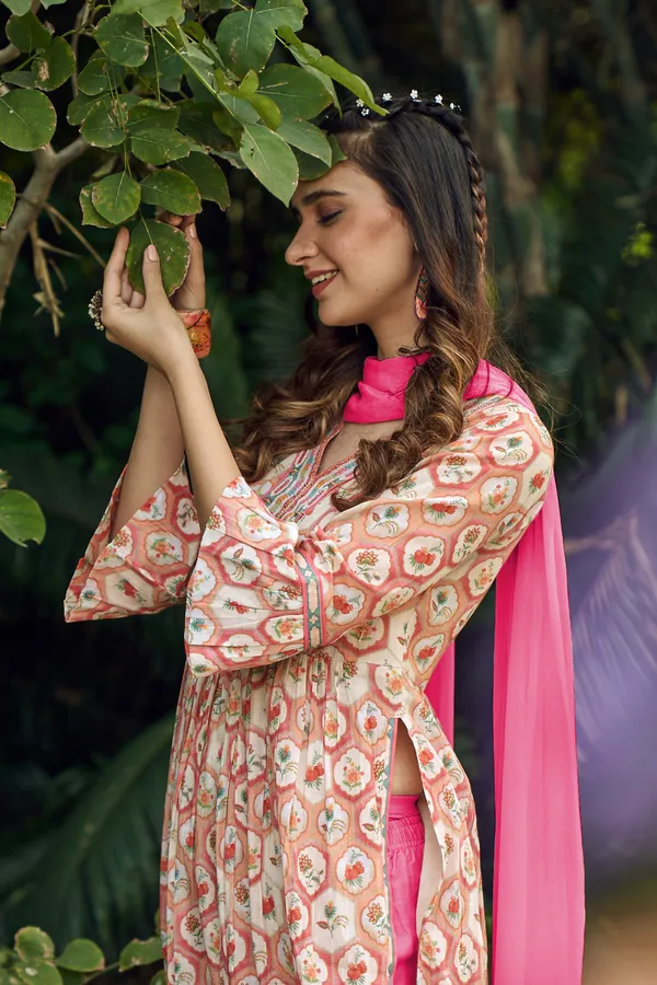 Orange_Floral_Printed_A-Line_Kurta_and_Trousers_With_Dupatta