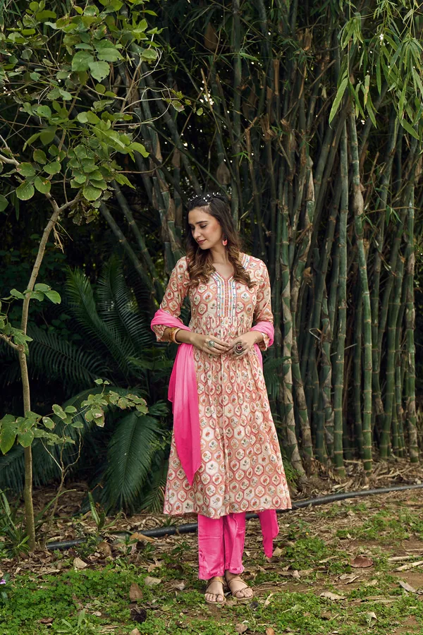 Orange_Floral_Printed_A-Line_Kurta_and_Trousers_With_Dupatta