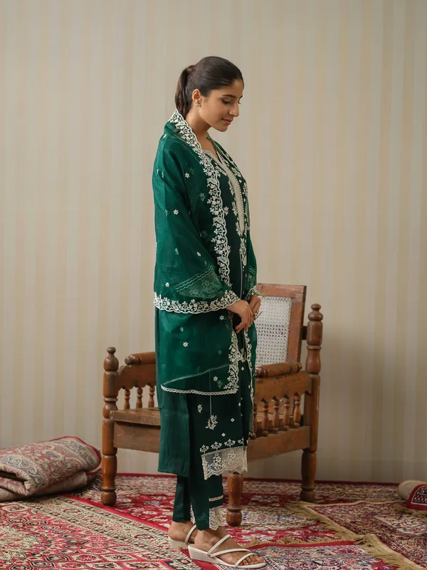 Green_Embroidered_Woven_Design_Straight_Kurta_and_Trousers_With_Dupatta