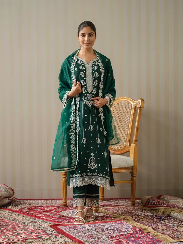 Green_Embroidered_Woven_Design_Straight_Kurta_and_Trousers_With_Dupatta