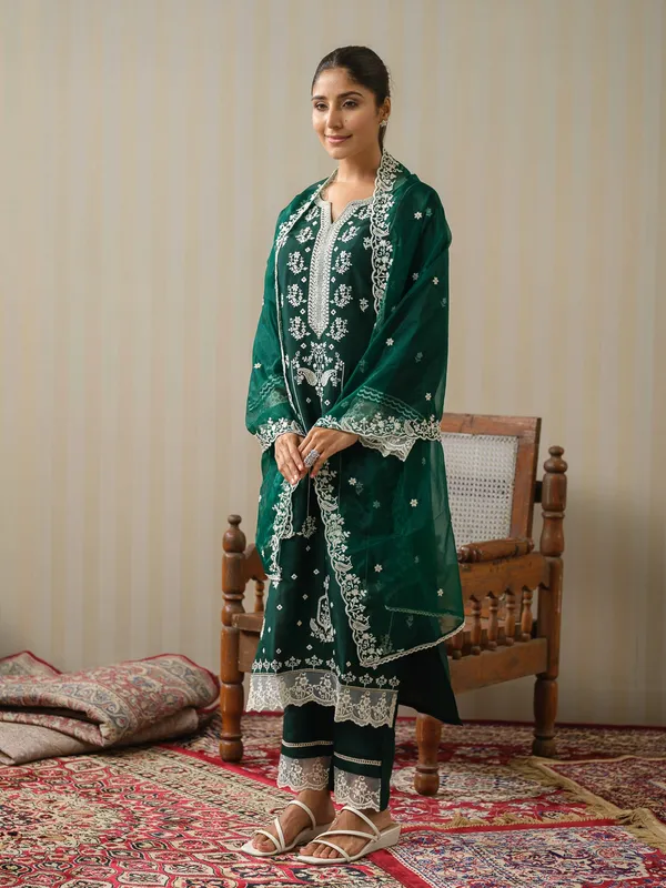 Green_Embroidered_Woven_Design_Straight_Kurta_and_Trousers_With_Dupatta
