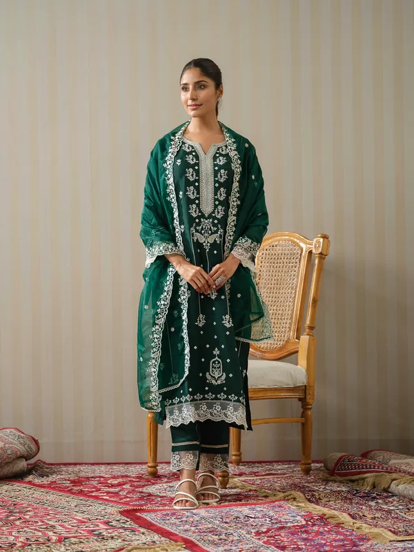 Green_Embroidered_Woven_Design_Straight_Kurta_and_Trousers_With_Dupatta