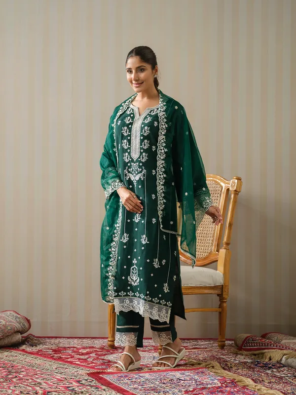 Green_Embroidered_Woven_Design_Straight_Kurta_and_Trousers_With_Dupatta