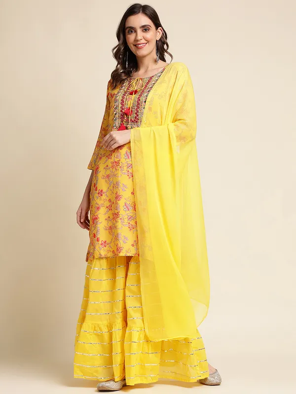 Mustard_Floral_Yoke_Design_Straight_Kurti_and_Sharara_With_Dupatta