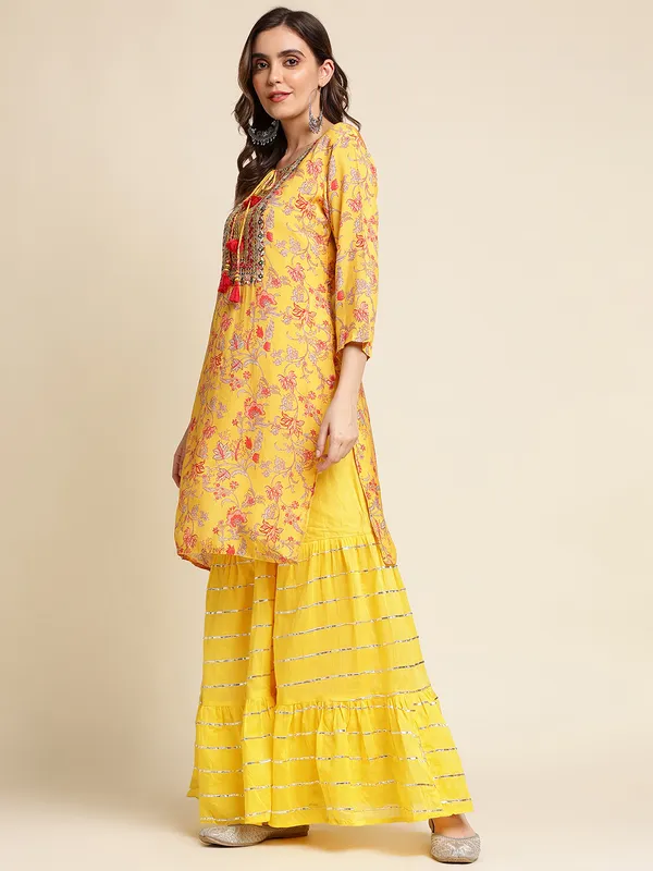 Mustard_Floral_Yoke_Design_Straight_Kurti_and_Sharara_With_Dupatta