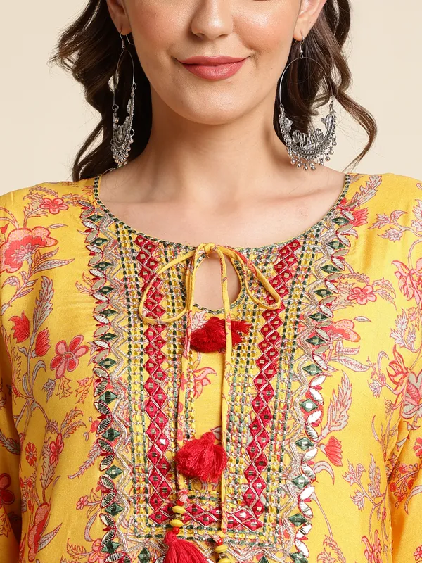 Mustard_Floral_Yoke_Design_Straight_Kurti_and_Sharara_With_Dupatta