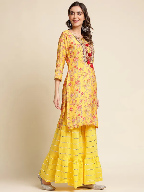 Mustard_Floral_Yoke_Design_Straight_Kurti_and_Sharara_With_Dupatta