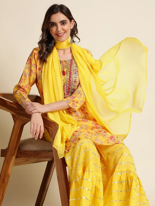 Mustard_Floral_Yoke_Design_Straight_Kurti_and_Sharara_With_Dupatta
