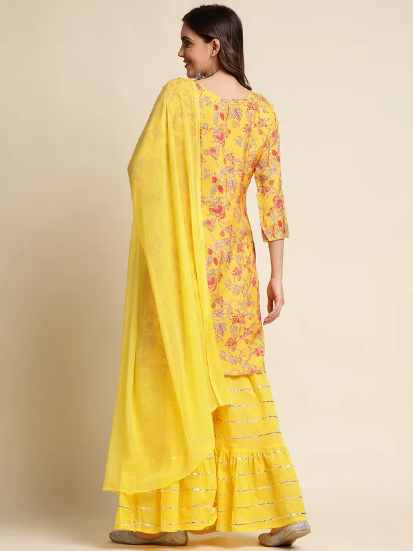 Mustard_Floral_Yoke_Design_Straight_Kurti_and_Sharara_With_Dupatta