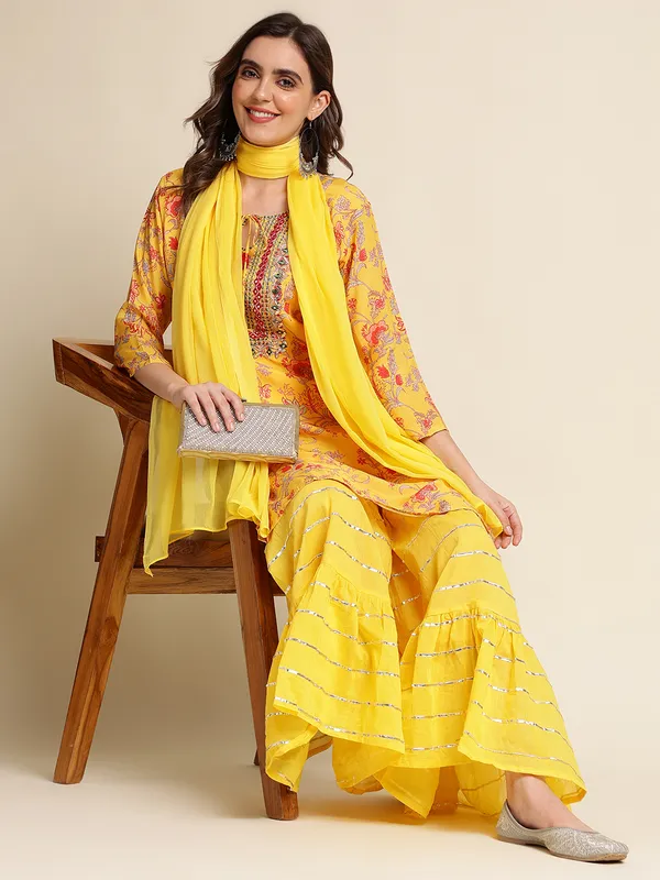 Mustard_Floral_Yoke_Design_Straight_Kurti_and_Sharara_With_Dupatta
