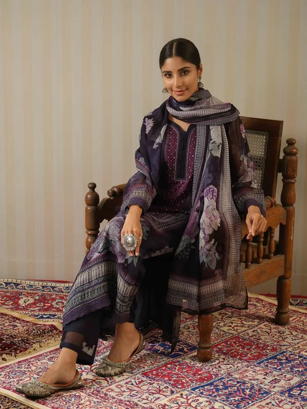 Black_Printed_Floral_Straight_Kurta_and_Trousers_With_Dupatta