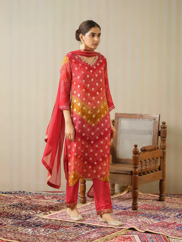 Red_Embroidered_Calf_Length_Festive_Kurti_and_Trousers_With_Dupatta
