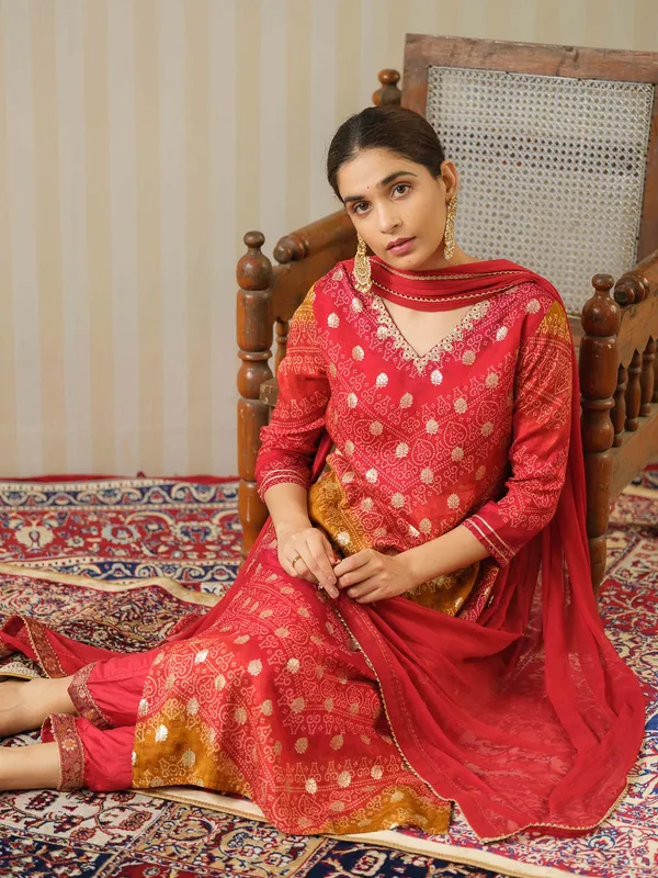 Red_Embroidered_Calf_Length_Festive_Kurti_and_Trousers_With_Dupatta
