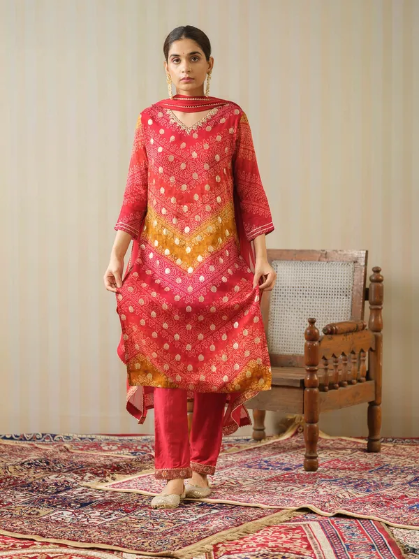 Red_Embroidered_Calf_Length_Festive_Kurti_and_Trousers_With_Dupatta