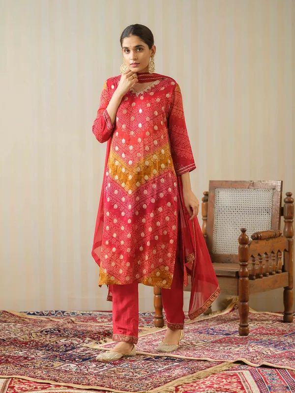 Red_Embroidered_Calf_Length_Festive_Kurti_and_Trousers_With_Dupatta